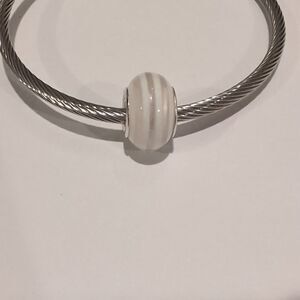 Silver Clear and‎ White Striped Charm for Pandora Style Bracelet